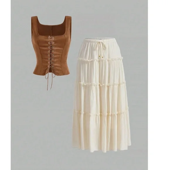 Boho Vegan Suede lace up Tank Top Maxi Skirt Set - Picture 3 of 6